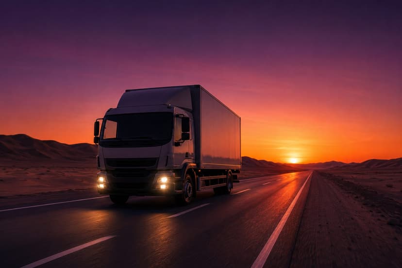 Delivery truck on a desert highway at dusk