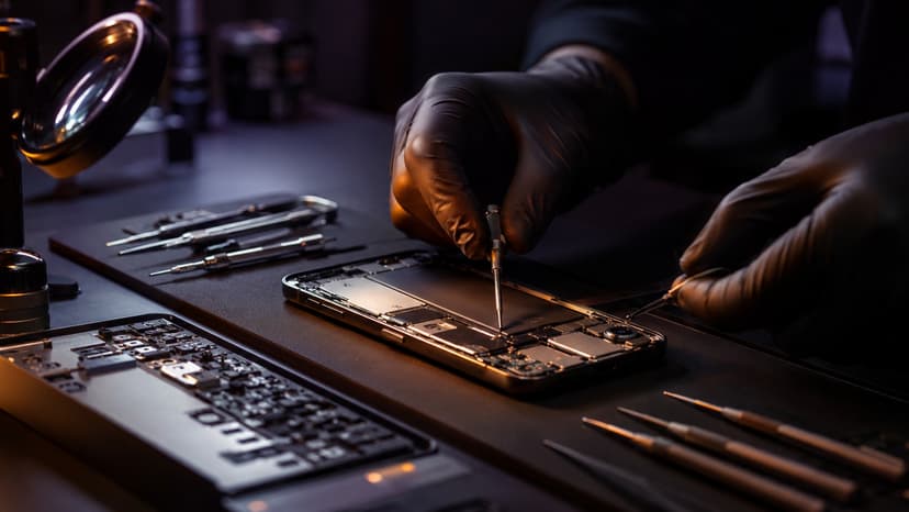 Technician repairing a smartphone at a clean illuminated workbench