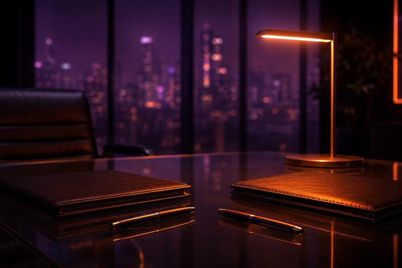 Conference table with leather folders under a golden lamp, city lights beyond