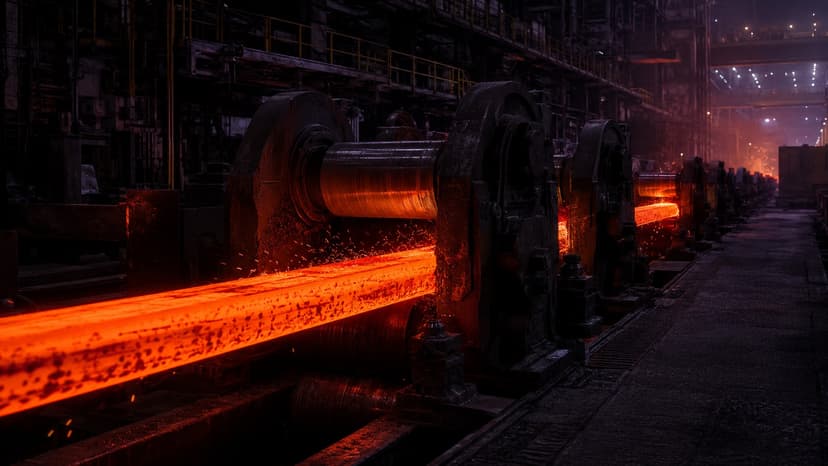 Glowing steel bars rolling through a mill